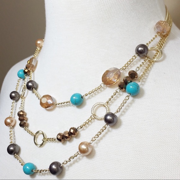 3 Row Layered Glass Pearl & Turquoise Stone Beaded Necklace Earrings Set - Picture 2 of 3
